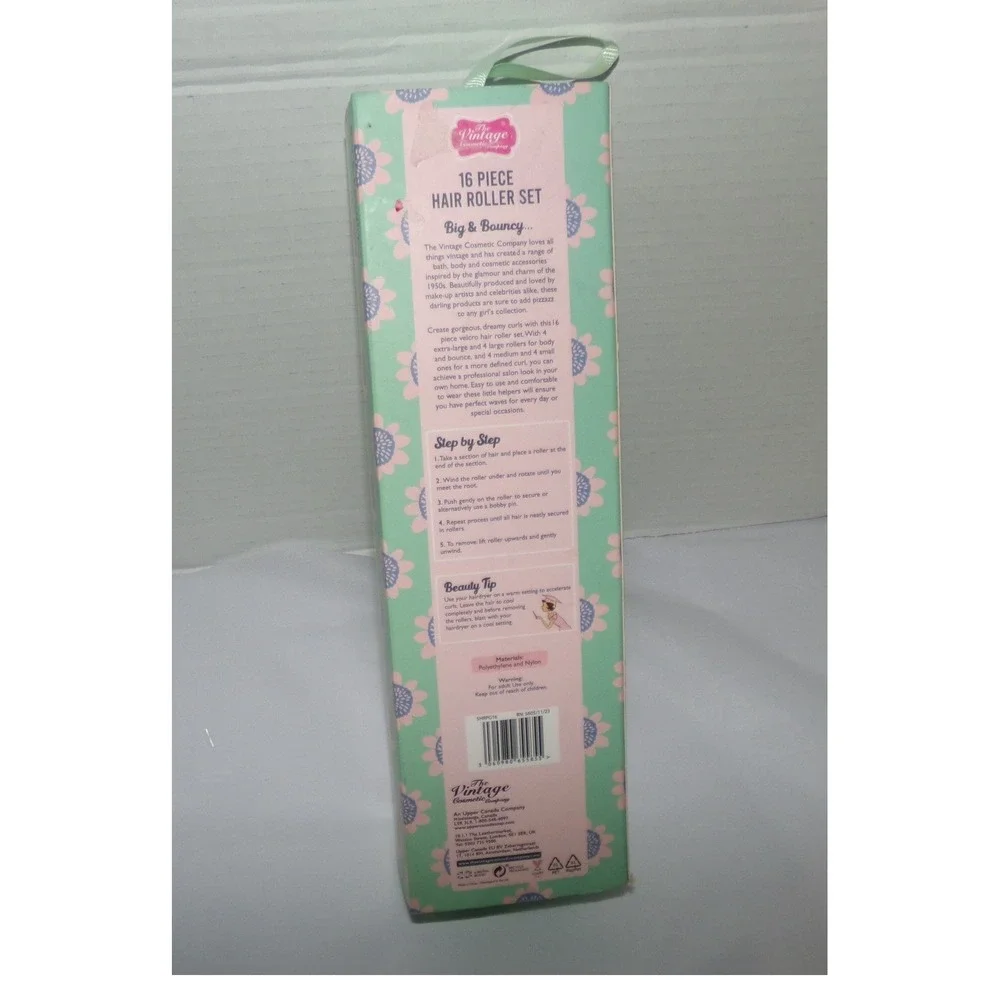 The Vintage Cosmetic Company 16 Piece Hair Roller Set Green Floral Box New
